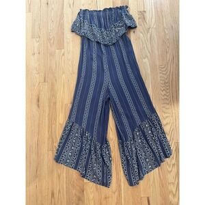 American Eagle Blue Floral Boho Strapless Wide Leg Jumpsuit Womens Medium